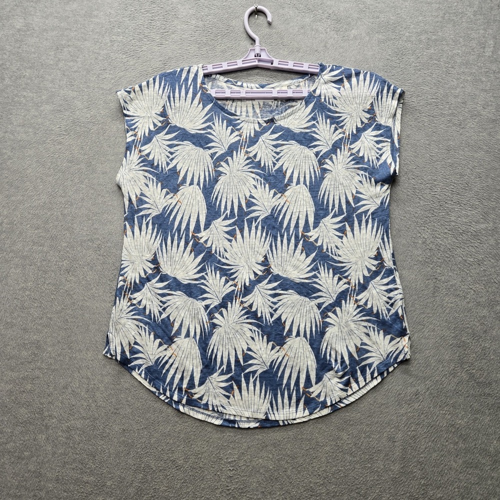 Rachel Zoe Women Blouse L Blue Linen Floral Scoop Neck Pullover Sleeveless